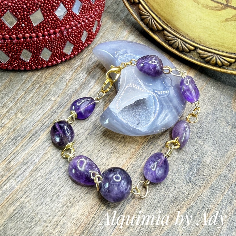 Gold Chain Bracelet with Purple Amethyst chunky 12mm